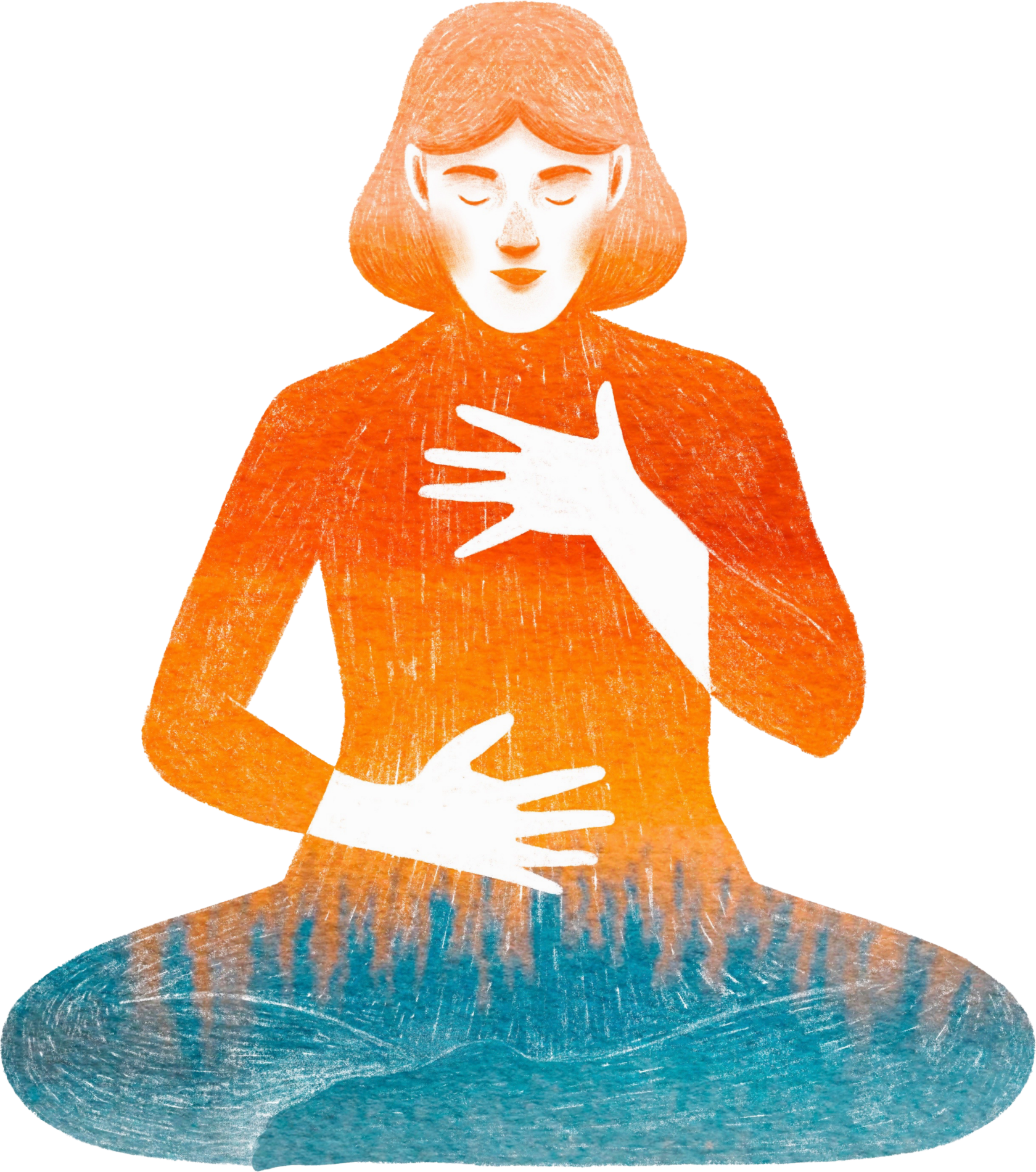 Illustration of a person holding chest and stomach while in lotus position.